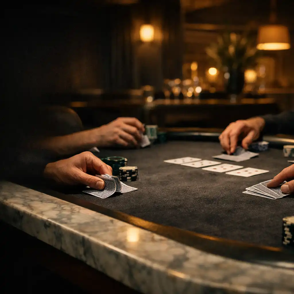 Hands arranging cards at a dark felt poker table with a marble edge inside Luck and Marble