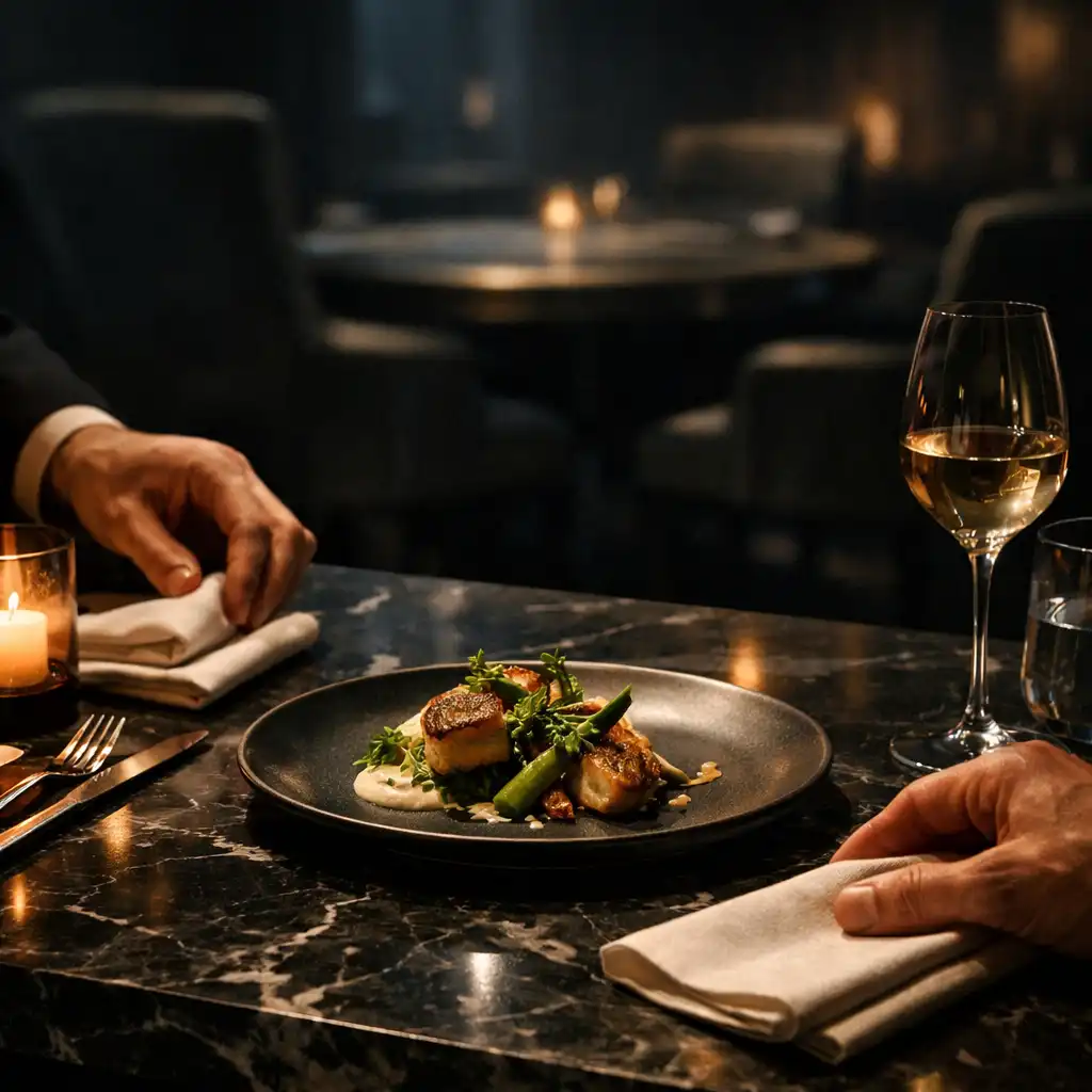 A refined dinner table being prepared on dark marble in a premium restaurant