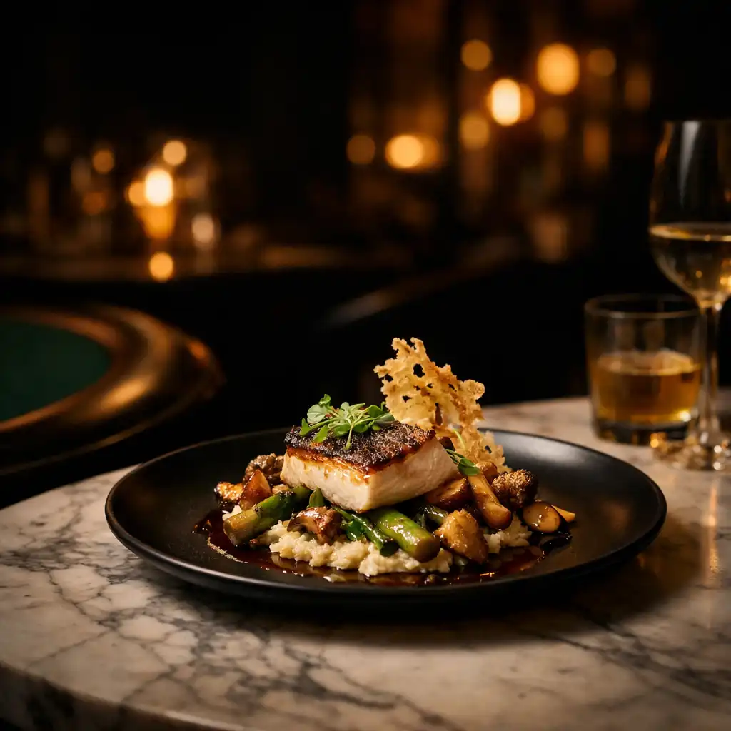 Plated savoury dish on dark marble in the warm atmosphere of Luck and Marble