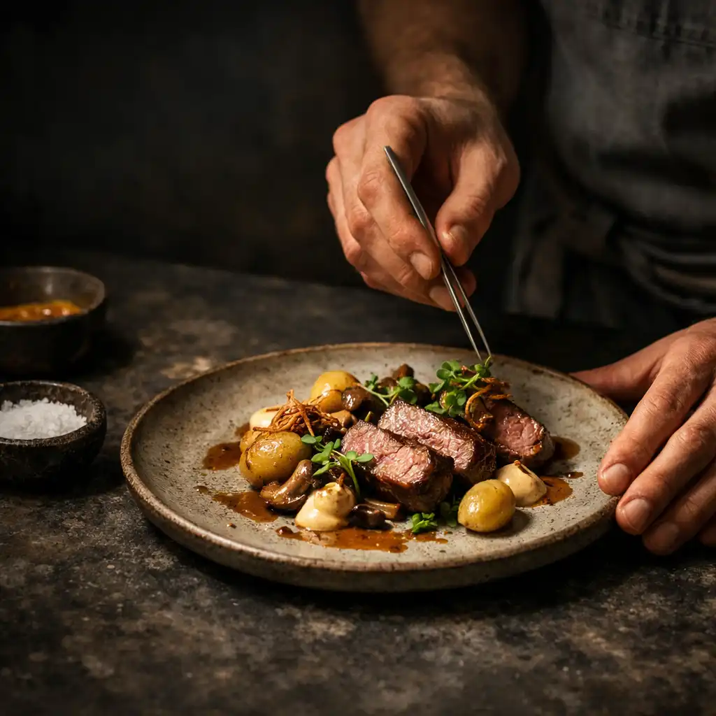 Hands finishing a composed plate on a dark stone restaurant pass