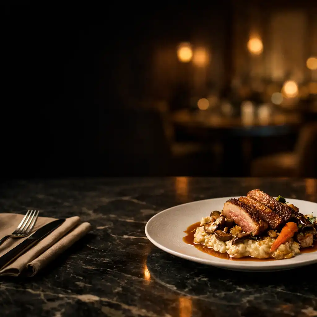 Refined plated dish on a dark marble table in a softly lit dining room