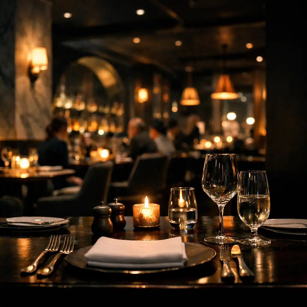 Elegant dark dining room with layered table settings and warm evening light