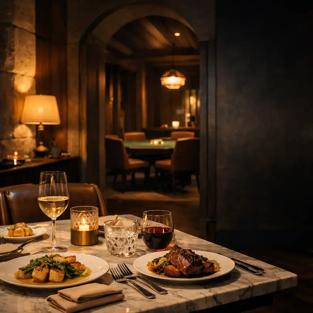 A refined dining table with plated food in Luck and Marble's warm, dark venue atmosphere.