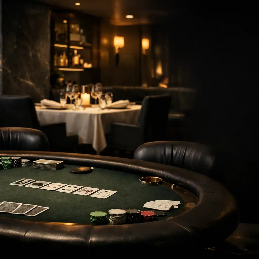 Prepared poker table and softly set dining table in a refined card-room setting