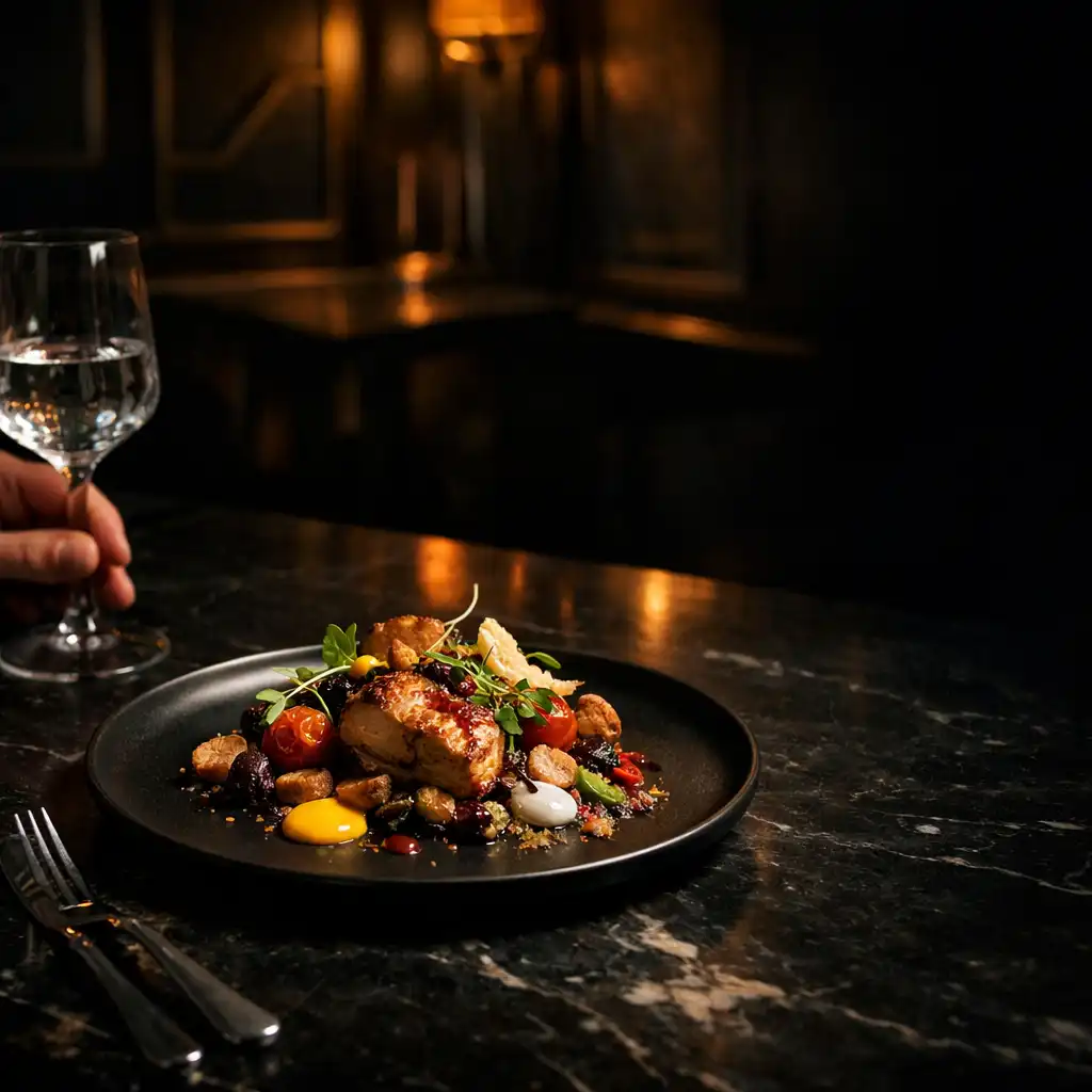 A plated dish on a dark marble table with a hand arranging a glass in warm dining-room light