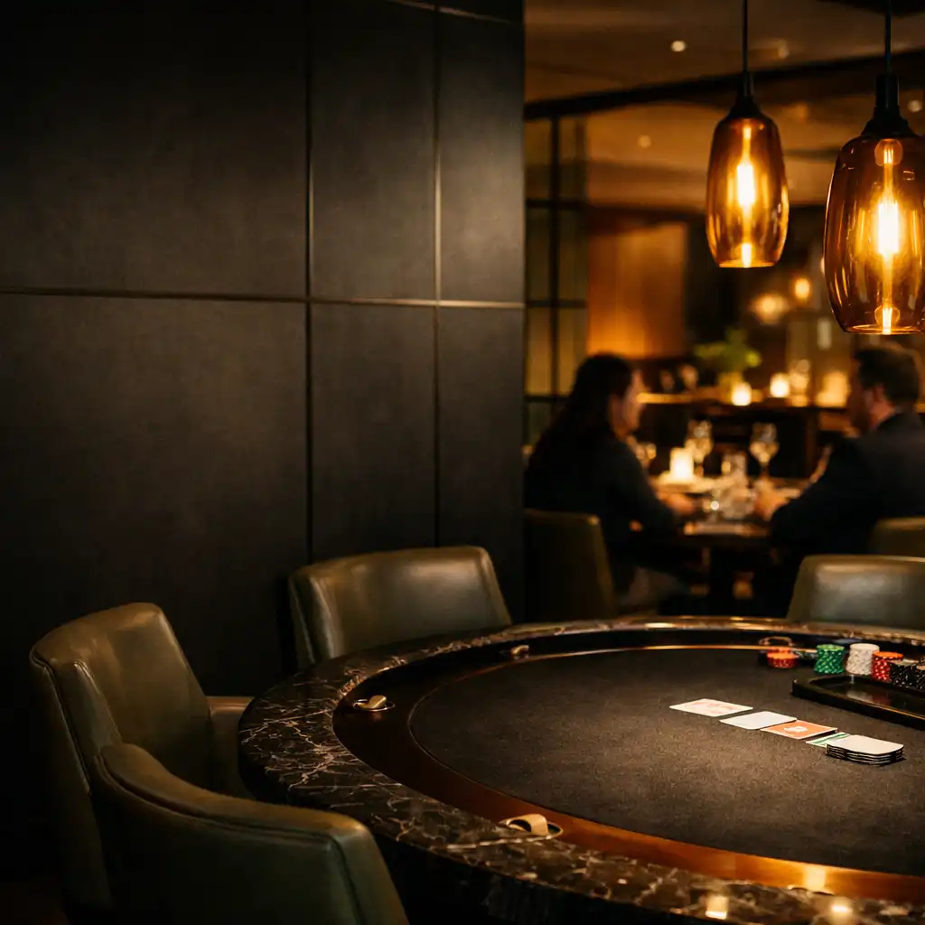 A dark physical card room with a poker table, marble edge detail and warm pendant lighting
