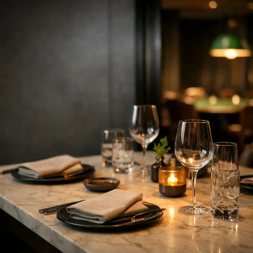 A refined marble dining table with understated place settings and warm light near the card-room atmosphere