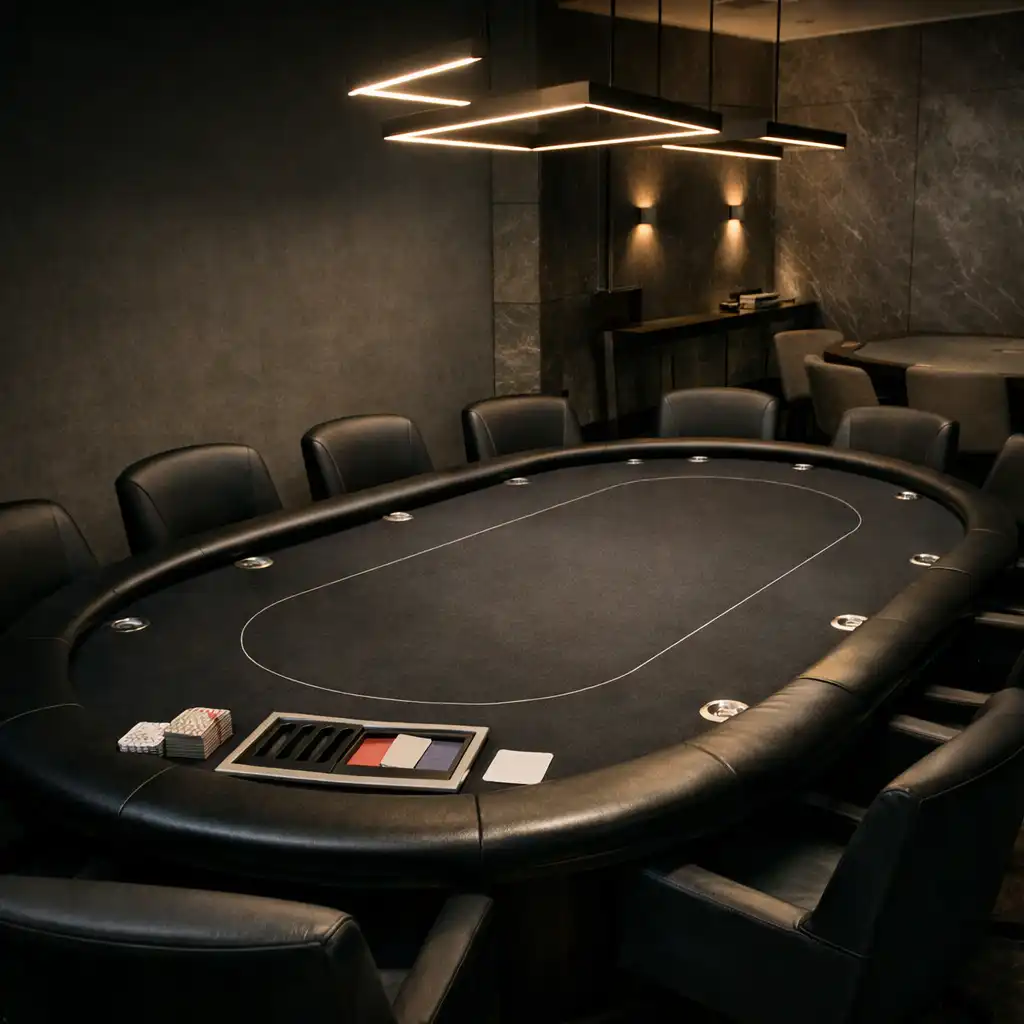 Physical poker table and geometric lighting in Luck and Marble's card room