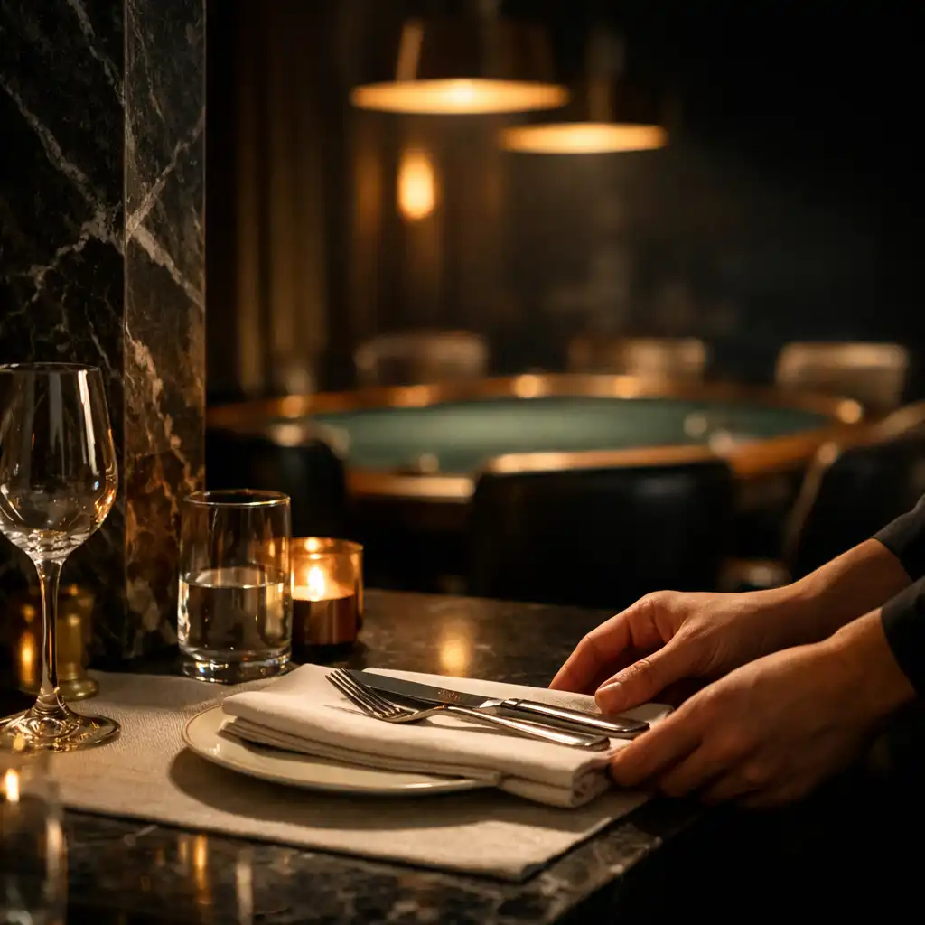 Hands arranging a refined dining setting near the softly visible card room