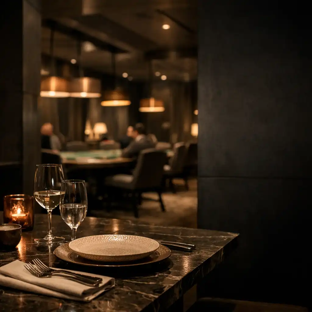 Warmly lit dining table leading toward a softly focused physical card room