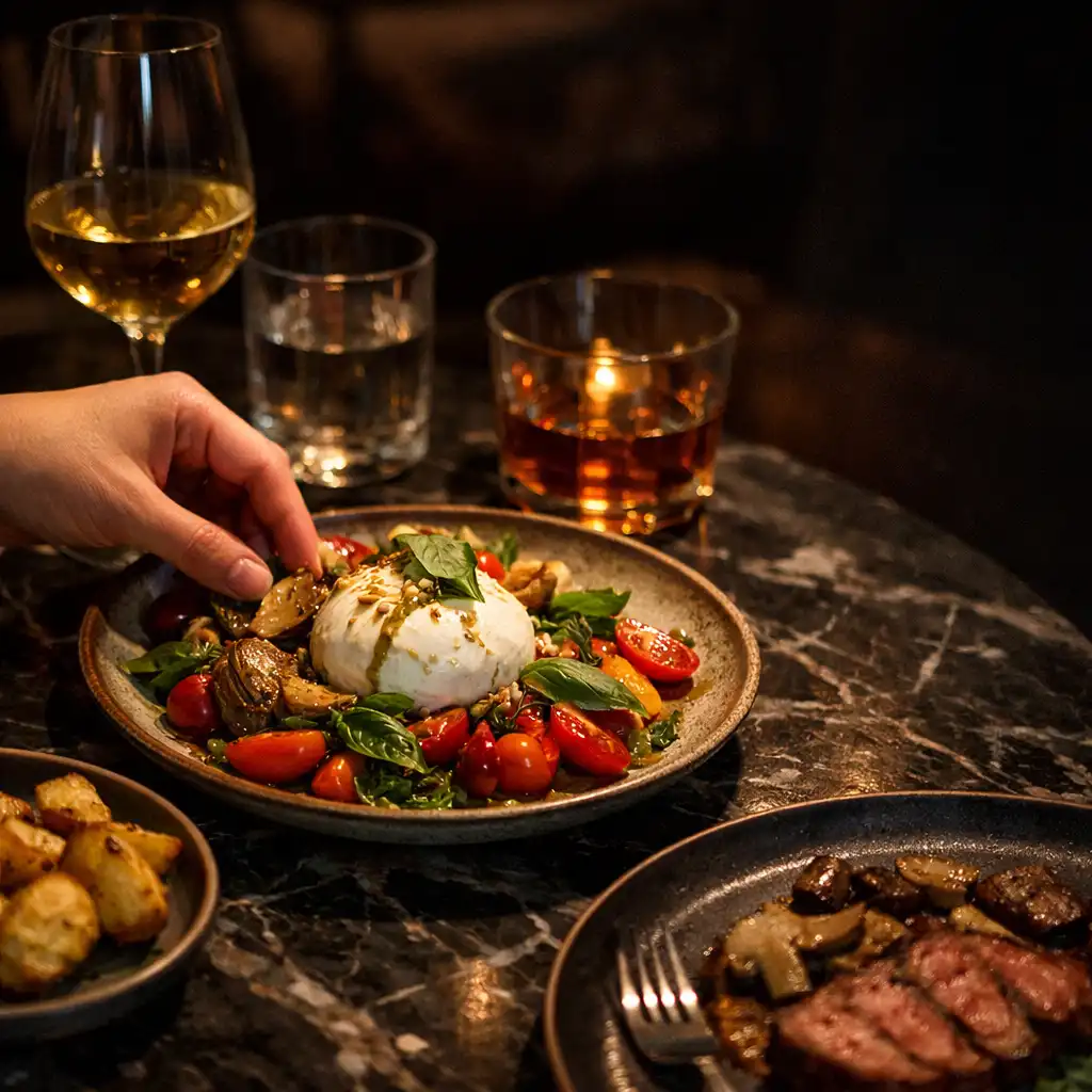 Plated food on a dark veined marble table in warm restaurant light