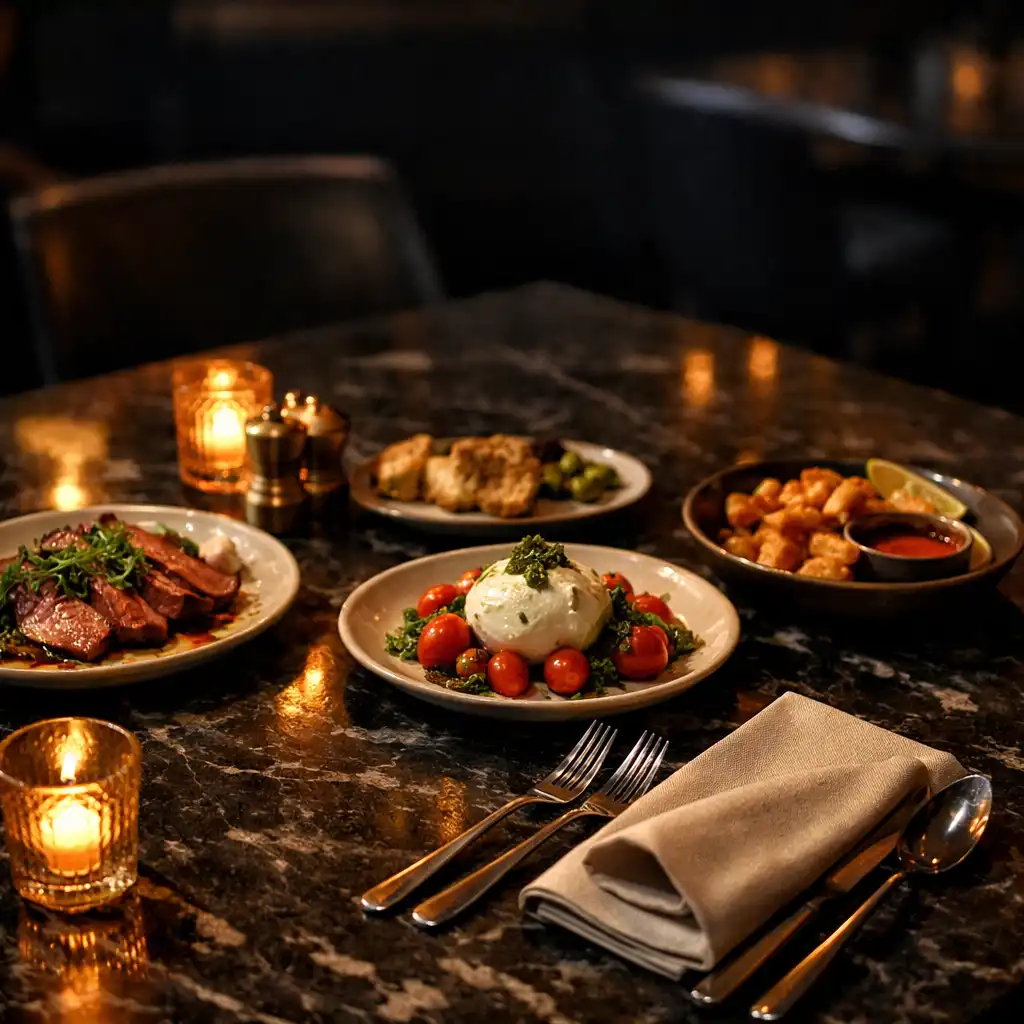 Late-evening dining table set with plates, cutlery and warm low light