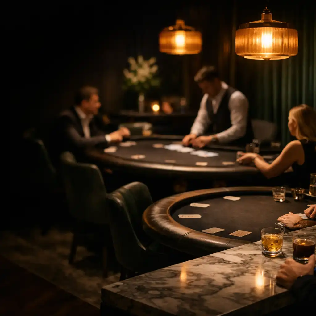 Hosted physical poker tables in Luck and Marble's dark card room
