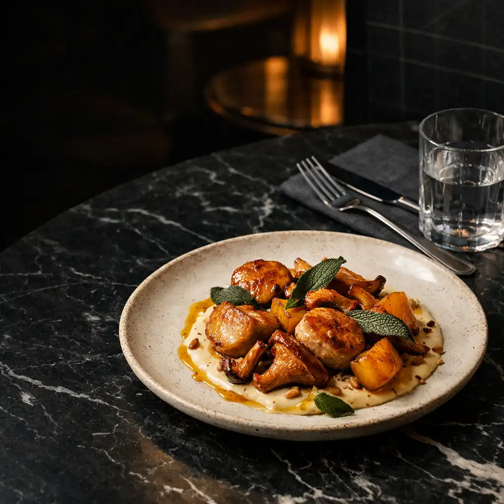Editorial plated food on a dark marble table at Luck and Marble