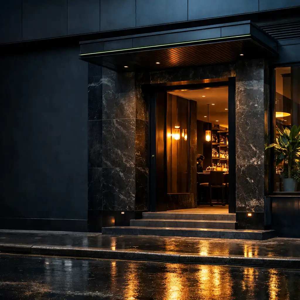 Dark marble-framed Sydney venue entrance with a warm interior glow