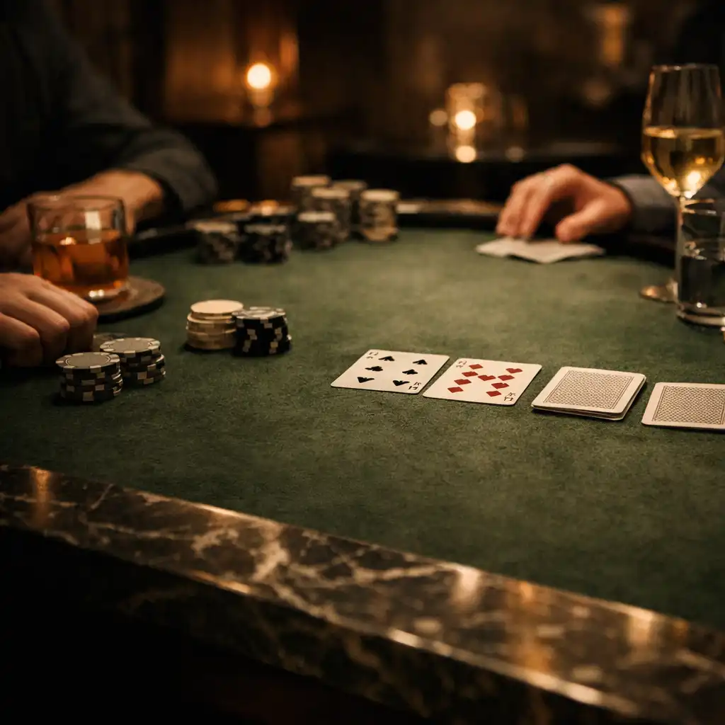 Tactile felt poker table and marble detail in a refined hosted card room