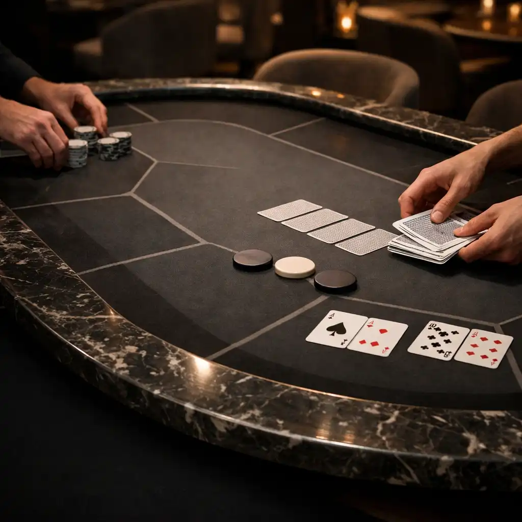 Hands arranging cards on a geometric poker table in Luck and Marble's physical card room.
