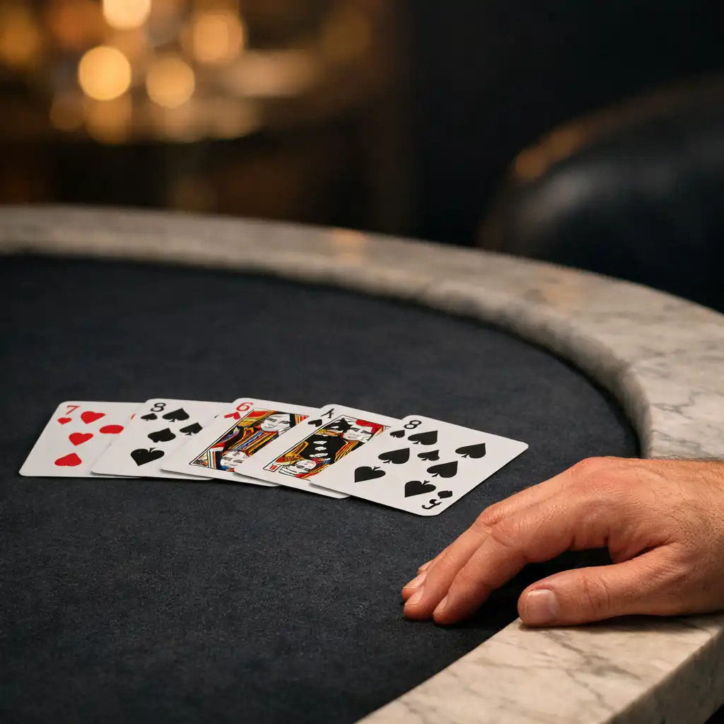 Close detail of cards, felt, marble and a hand at a physical poker table