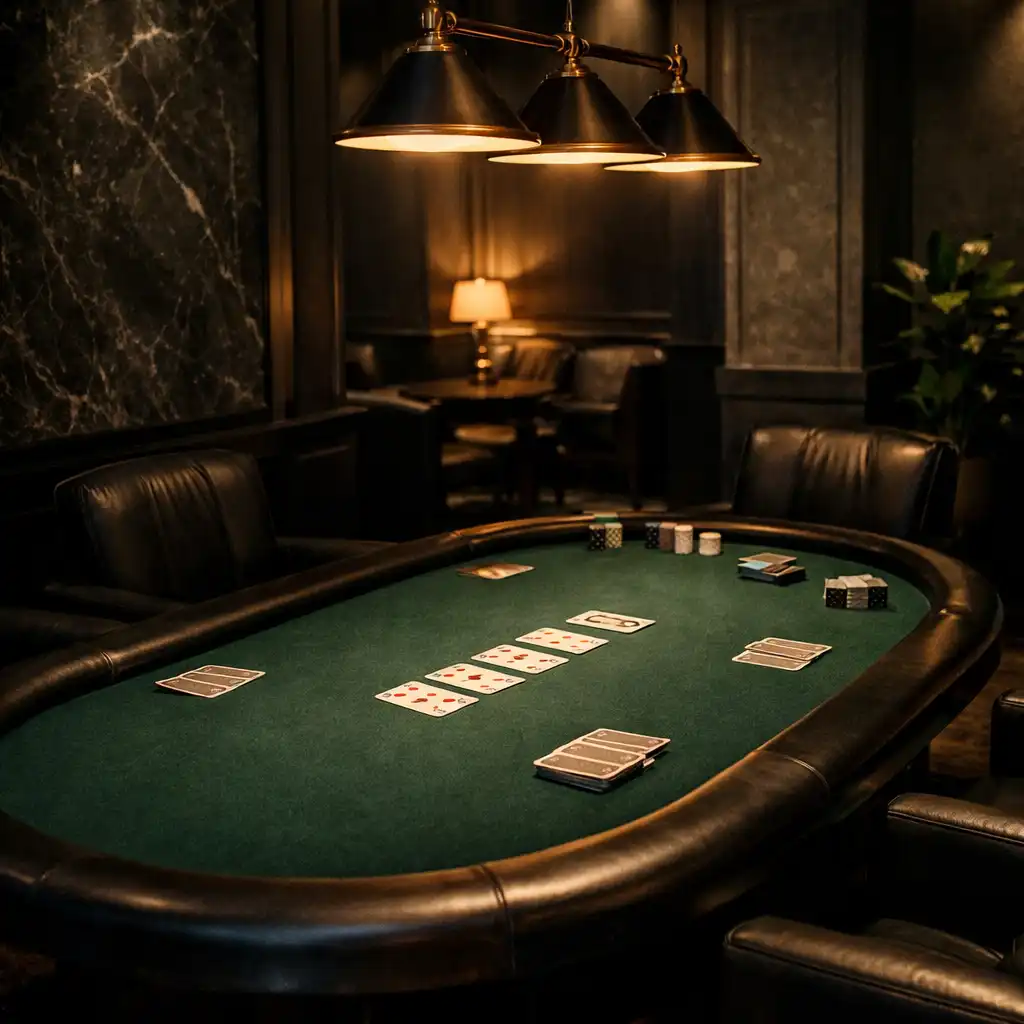 Physical poker table and chairs in Luck and Marble's card-room setting