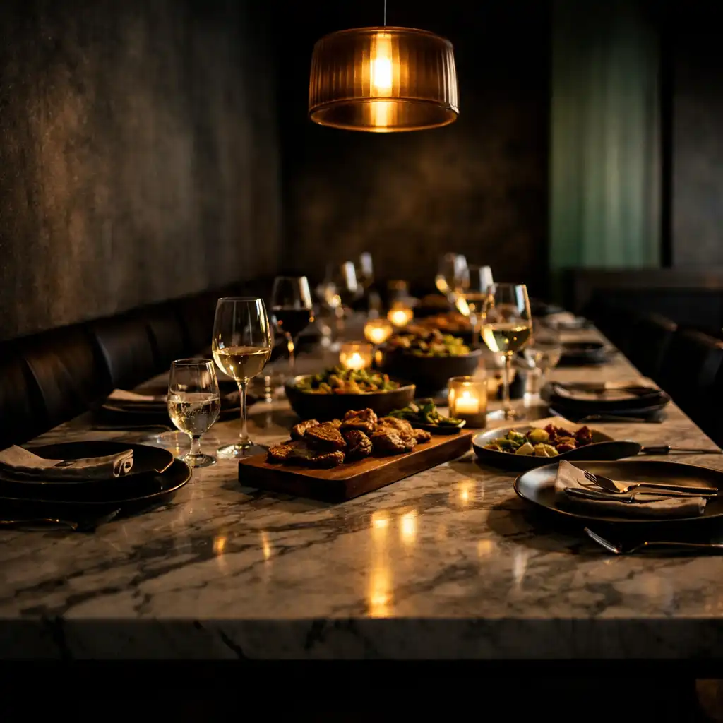Warm private dining table with place settings in a dark contemporary restaurant
