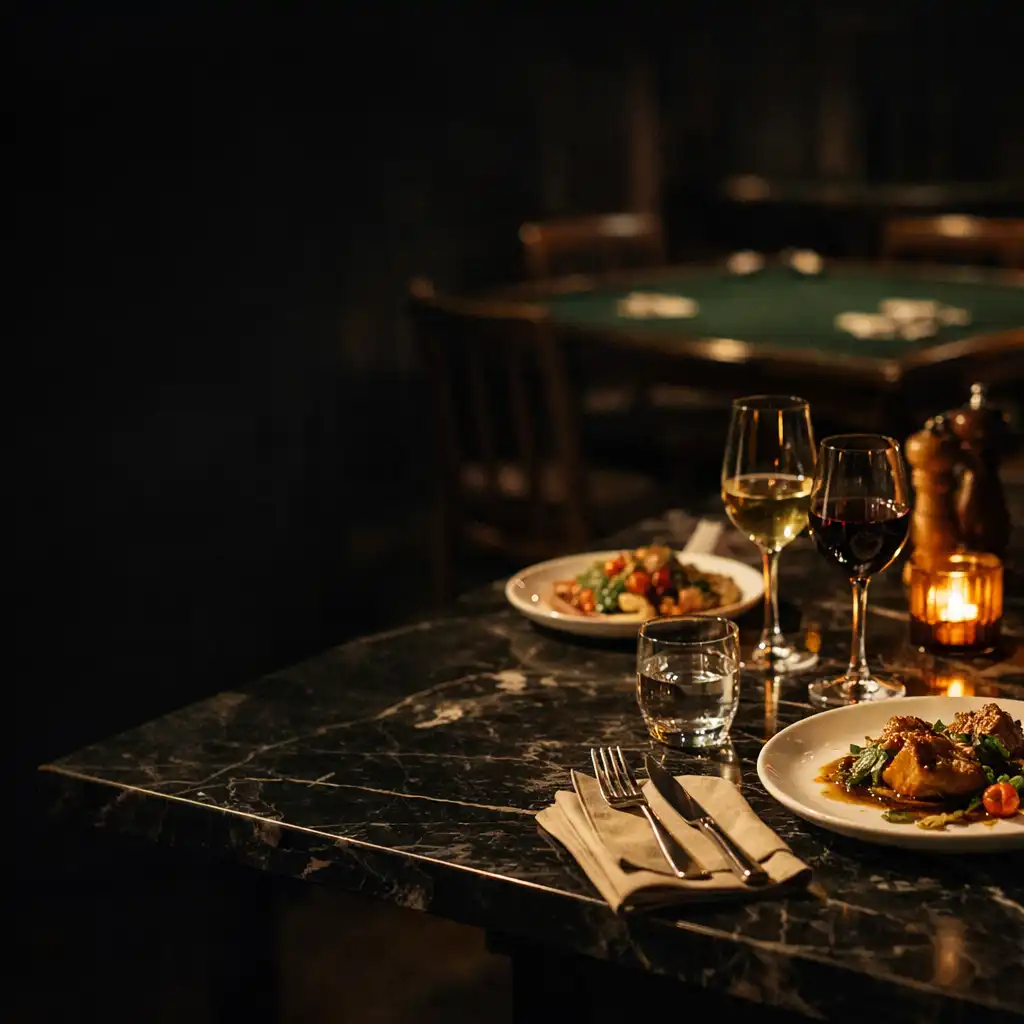 Private dinner table with marble, warm food and an intimate venue setting
