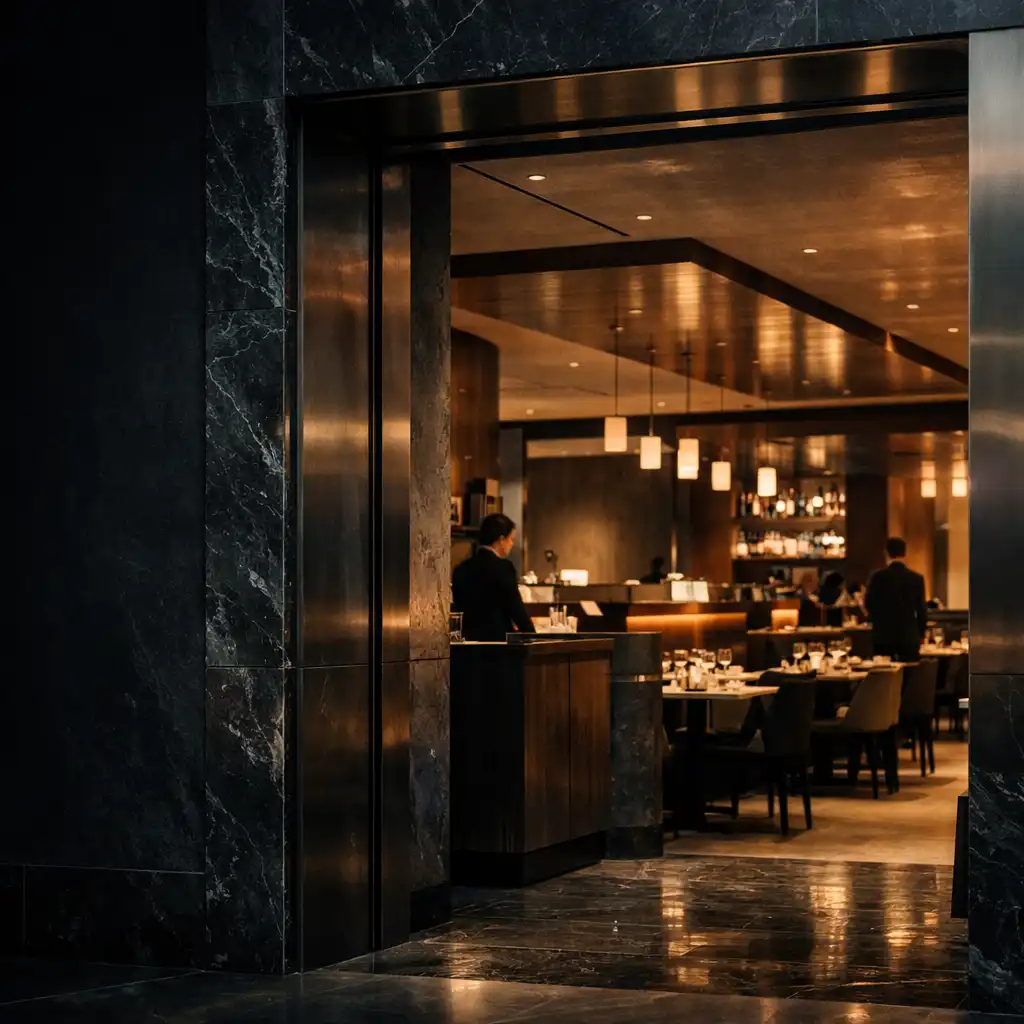 Warm interior light beyond a dark marble-framed Sydney venue entrance