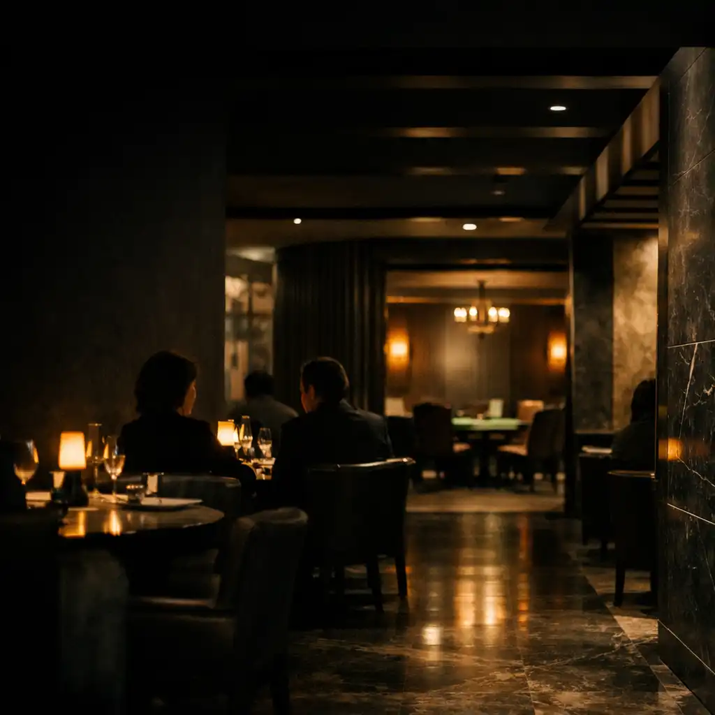 Warm dining light, dark marble surfaces and architectural depth inside Luck and Marble