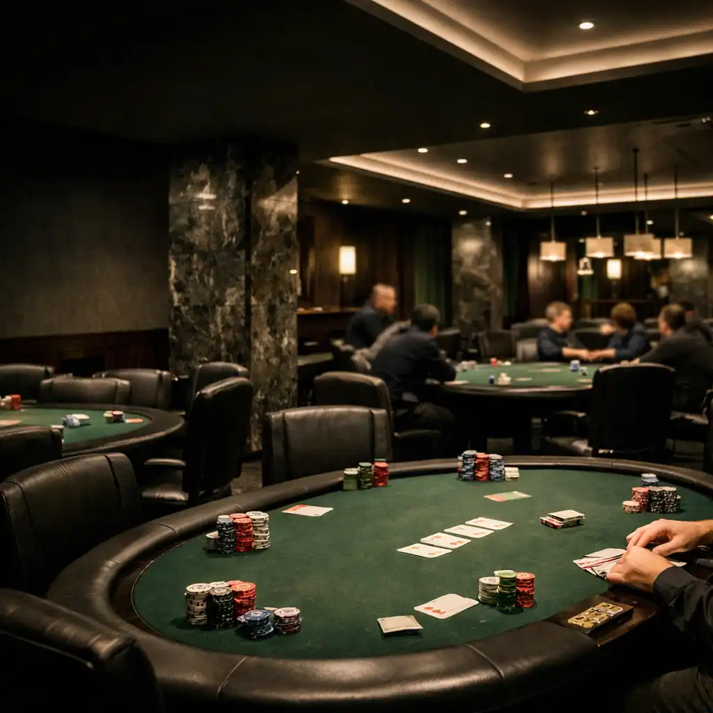 Physical poker tables in Luck and Marble’s dark, architectural card room