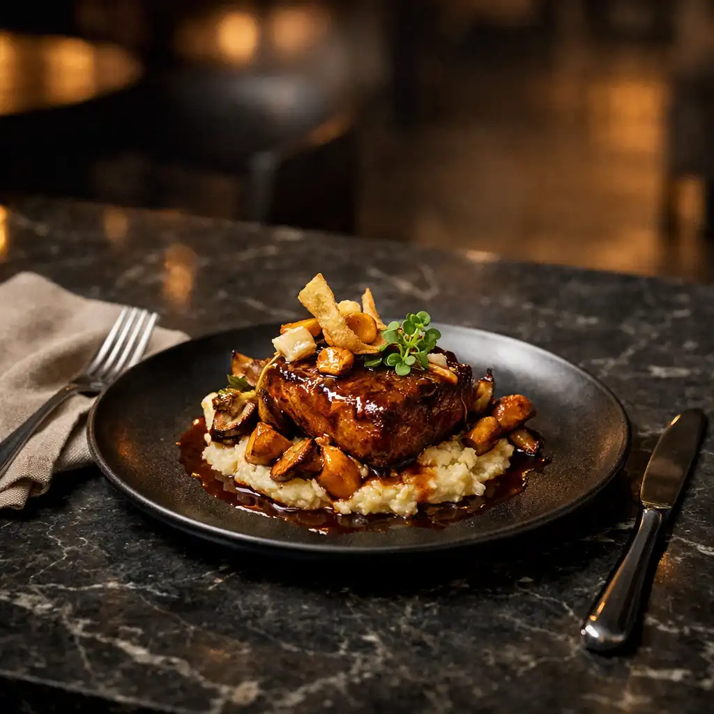 A carefully plated dish on a dark marble dining table