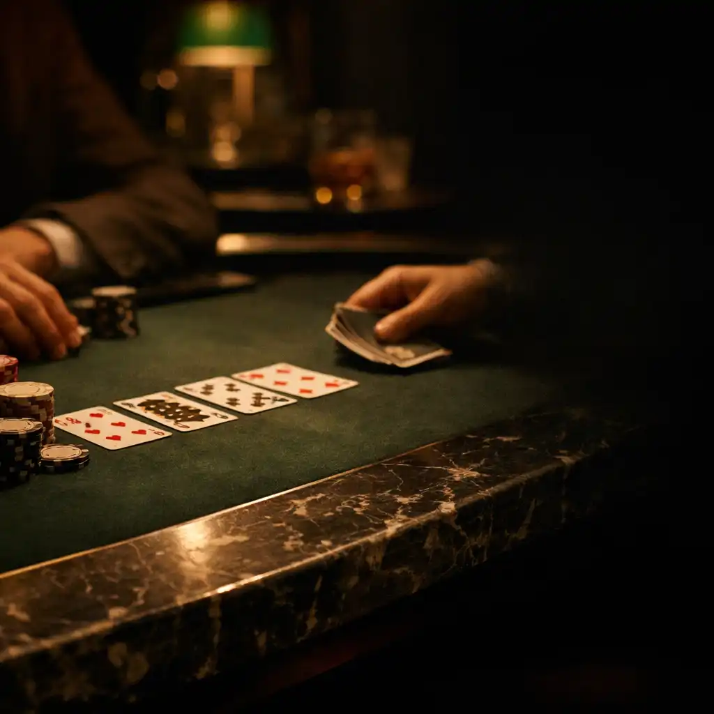Hands and tactile table details in an intimate premium card-room setting